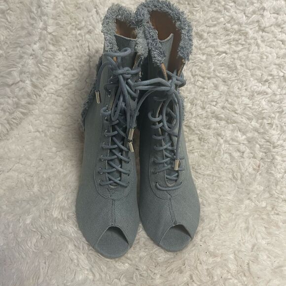Bella Marie Frayed Denim Peep Toe Lace Up Stiletto Ankle Boots side zipper SZ10 - Picture 5 of 15